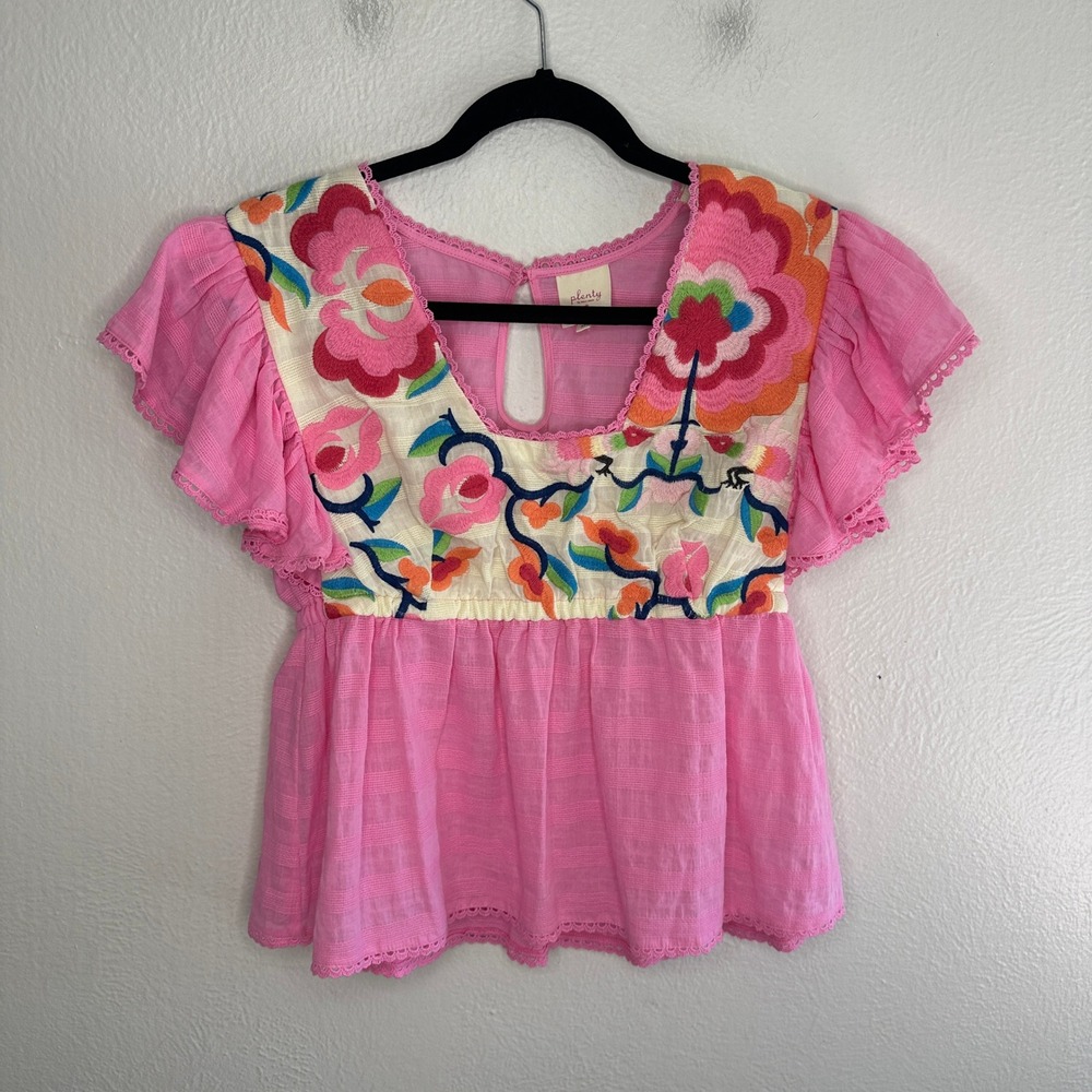 Plenty by Tracy Reese Embroidered Babydoll Blouse Pink Flutter Sleeve Top Medium - Picture 3 of 8
